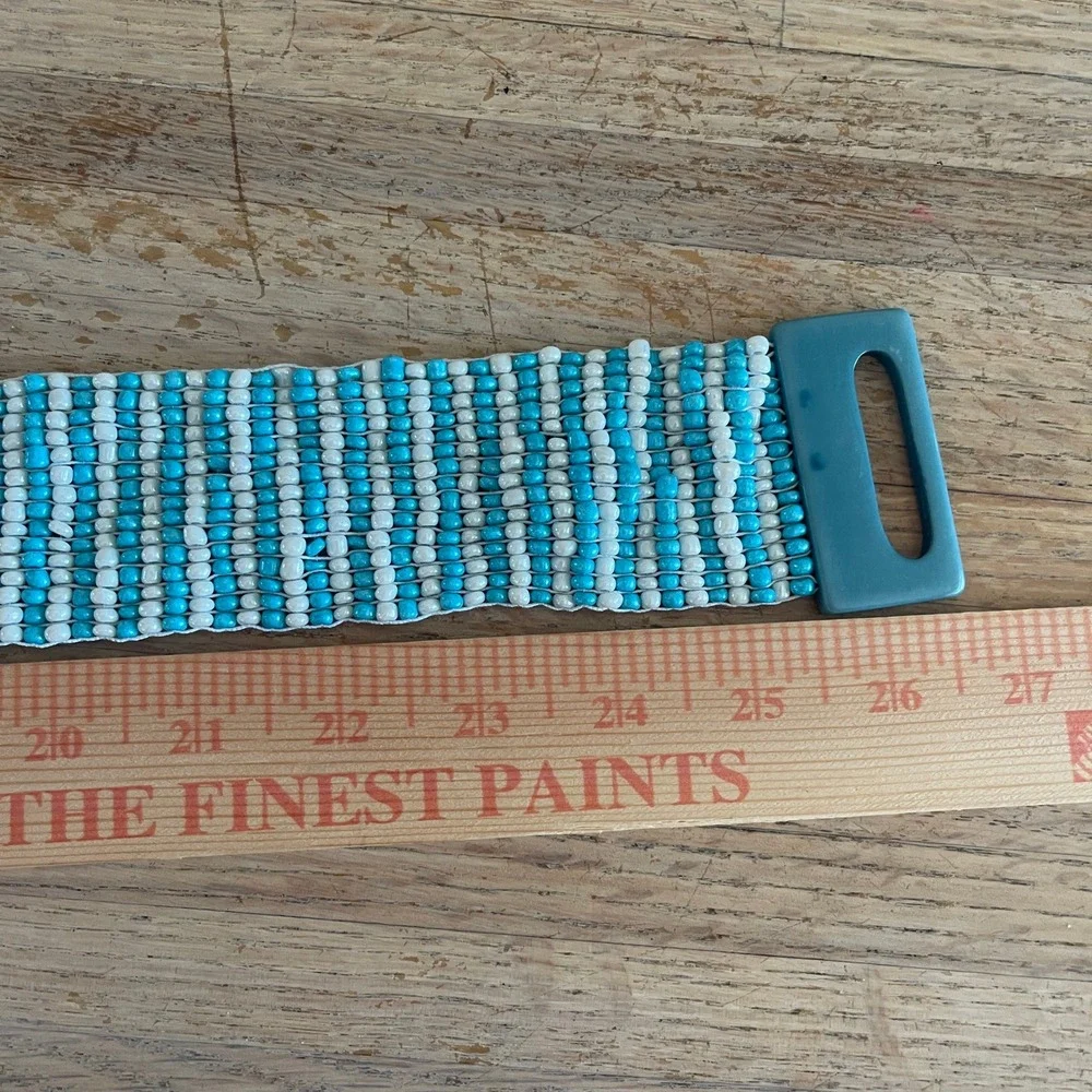 Vintage 80s Turquoise White Beaded Stretch Belt Wide Striped Cinch Buckle 26in